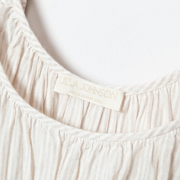 ULLA JOHNSON Rissa Dress Sand 100% Linen Midi Ruffle Tiered Cream Stripe 8 - Picture 12 of 14